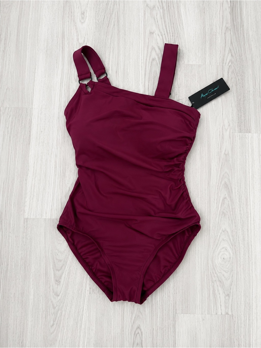 Aqua Green One-Shoulder Ruched One-Piece Swimsuit in Berry Plum 8/10 Medium